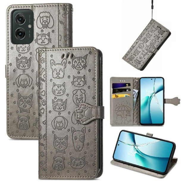 Funda Cartera FOXDOCK para Motorola Moto G55 , Flip PU con Relieve de Gatos y Perros, Tarjetero y Soporte
