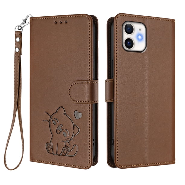 iPhone 12/12 Pro Funda Billetera con Estampado de Gato, Marrón