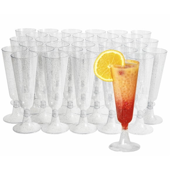 Copas de champán MATANA 50 elegantes de plástico, 150 ml, purpurina plateada