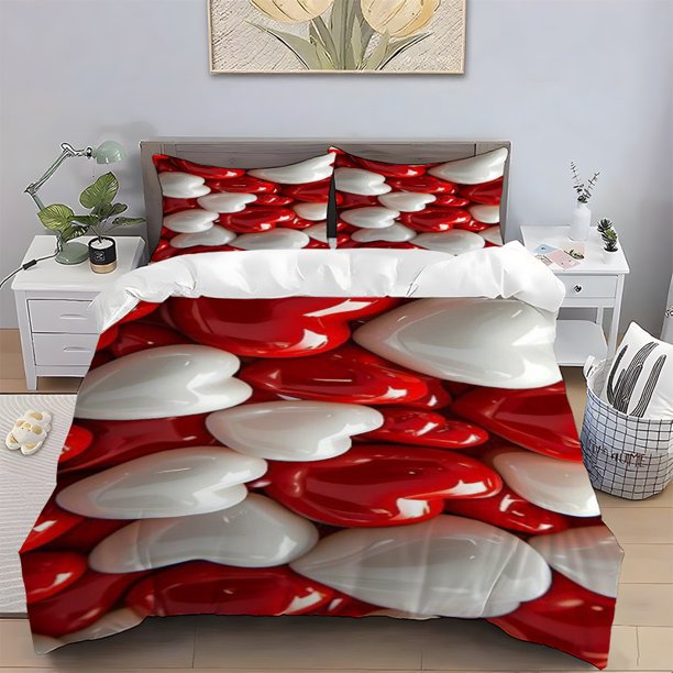 3pcs Red and White Heart Print Bedding Set | Soft Comfortable