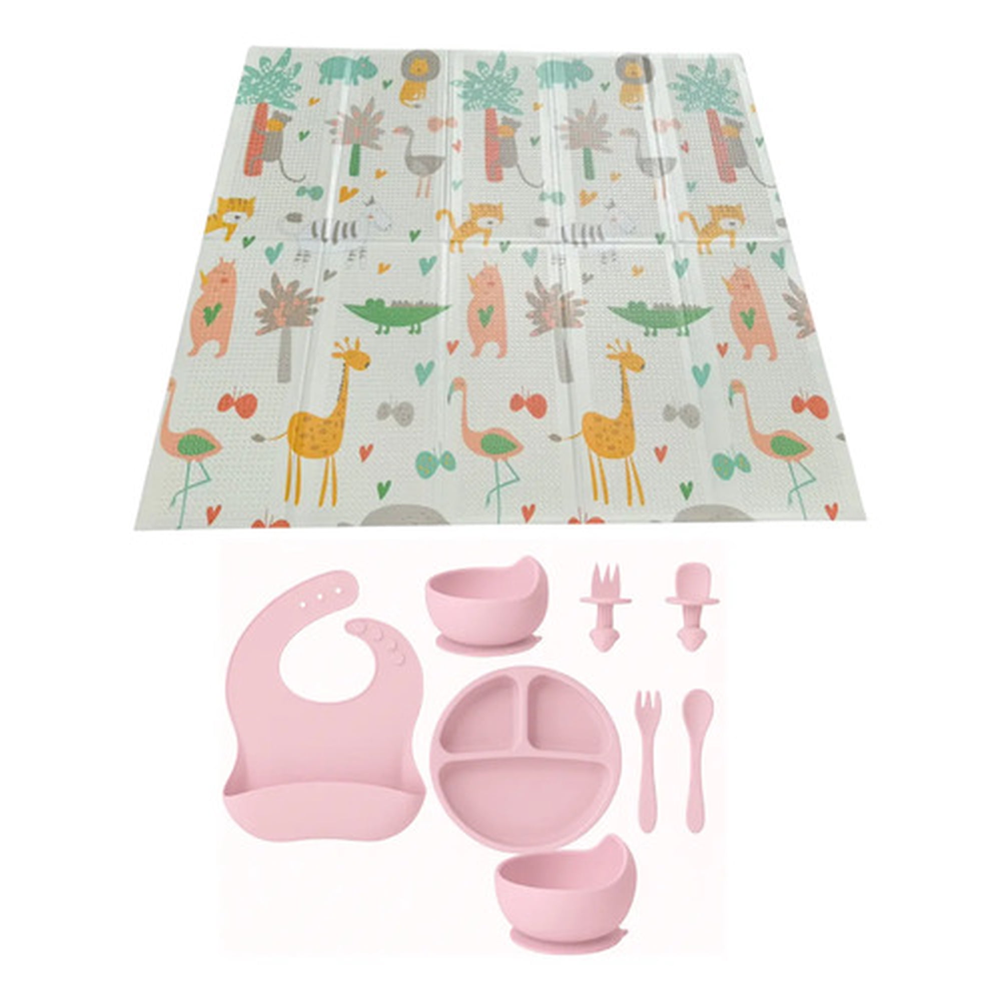 Marca - Pack Bebé Alfombra Plegable Y Set Alimentación Silicona Rosa Claro
