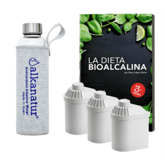 Pack 3 filtros + botella de Cristal borosilicato + libro bioalcalino