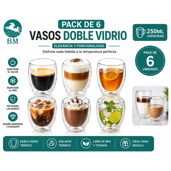 Pack 6 Vasos Doble Vidrio 250ml | Tazas Térmicas Café Frío y Caliente