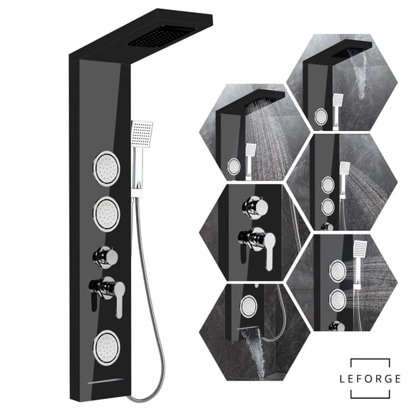 Columna De Ducha Con 5 Funciones 129x22cm 3 Jets Negro Brillante
