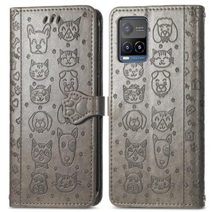 Funda Cartera Foxdock Para Vivo Y21S , Flip Pu Con Relieve De Gatos Y Perros, Tarjetero Y Soporte