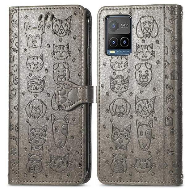 Funda Cartera FOXDOCK para VIVO Y21S , Flip PU con Relieve de Gatos y Perros, Tarjetero y Soporte