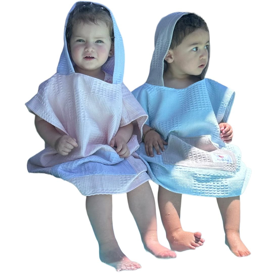 Amamantas - Eco Toalla Poncho Algodón Orgánico Textura Waffle 12m Celeste-gris