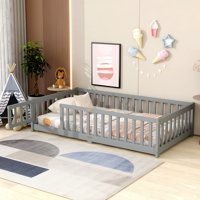 M&Ms - Twin Size Floor Bed With Fence And Door,Rubber Wood Floor Bed With Safety Guardrails,Grey