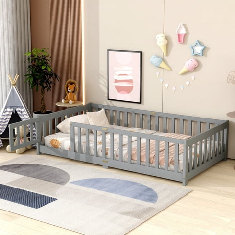 M&Ms - Twin Size Floor Bed With Fence And Door,Rubber Wood Floor Bed With Safety Guardrails,Grey