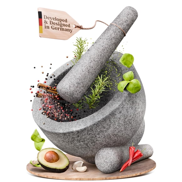Mortero y mano de mortero ChefSofi de granito, 20 cm, grande, 5 tazas