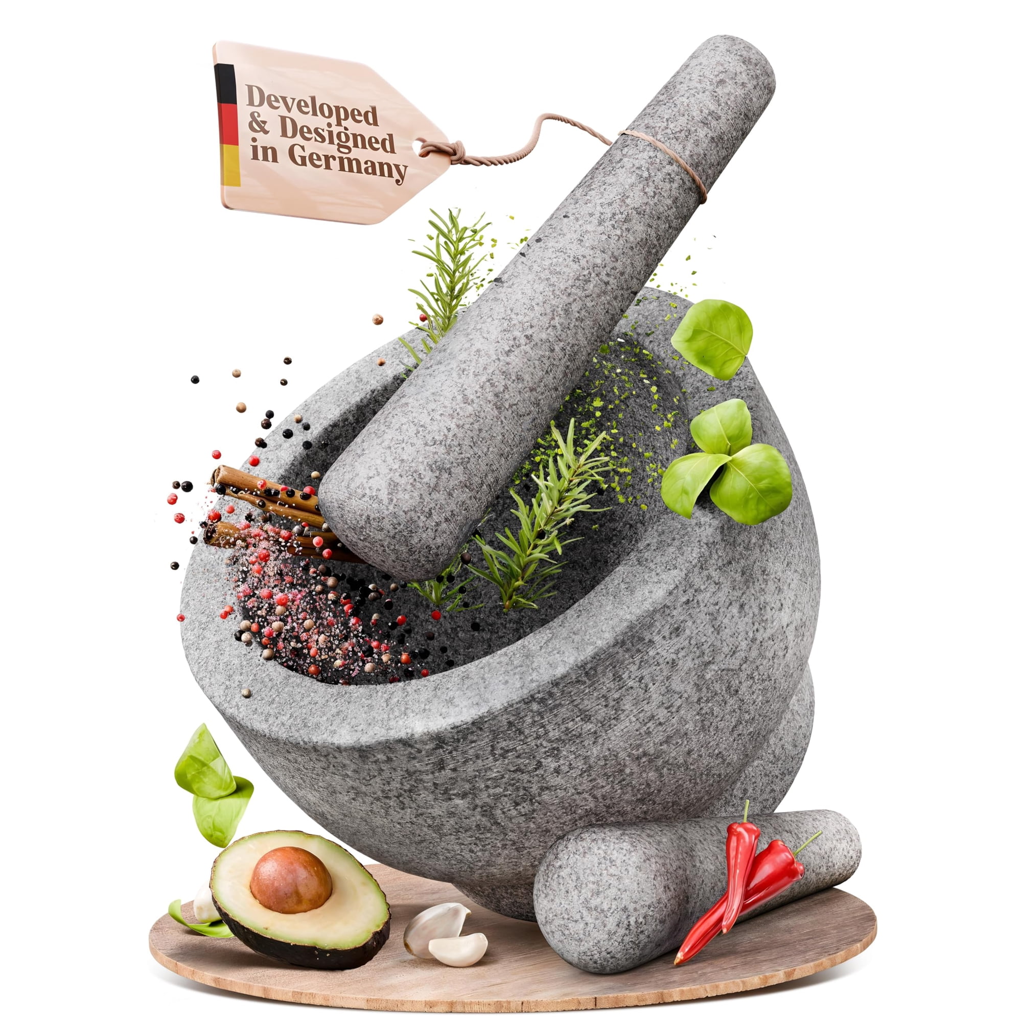Mortero Y Mano De Mortero Chefsofi De Granito, 20 Cm, Grande, 5 Tazas
