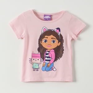 Gabby´S Dollhouse - Polera Manga Corta Niña Gato Rosado Gabby Doll House