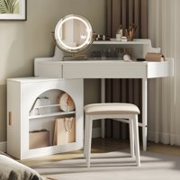 M&Ms - Corner Makeup Vanity Desk With Mirror & Led Lights, Modern Vanity Set With Mirror And Stool, Dressing Table With Large Storage For Small Place, Brightness Adjustable Folding Mirror, White