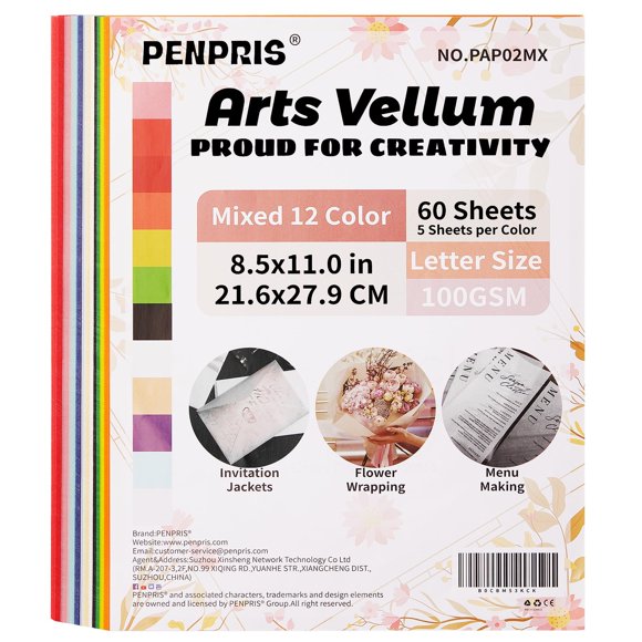 Papel Vellum PENPRIS 60 Hojas 12 Colores 21.6x27.9 cm