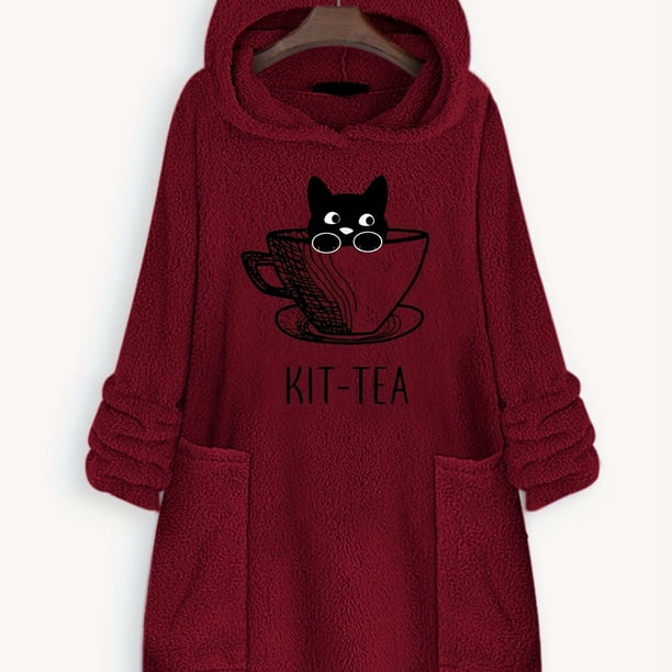 Cat Print Big Pocket Hoodie, Casual Long Sleeve Fleece Hoodies Sweatshirt, Women's Clothing