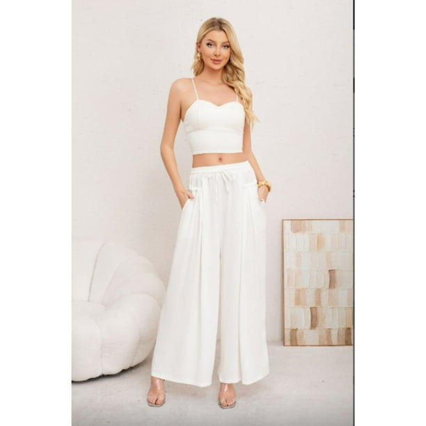 Pantalon Palazzo Algodon Mujer Tipo Lino Casual Playero Bolsillos 3004