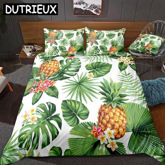 Pineapples Bedding Set White Quilt Cover Green Palm Leaves Duvet Cover Set Dropship Home Textiles Botanical Bed Set Flowers