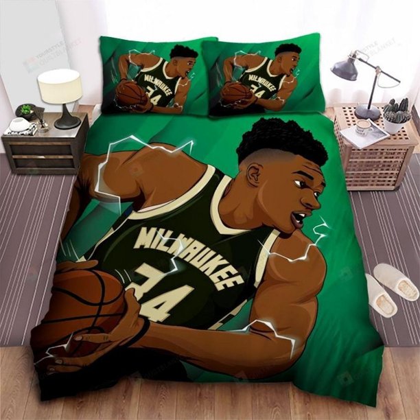 Milwaukee Bucks Giannis Antetokounmpo Cartoon Drawing Quilt Duvet Cover Set 3-Piece Bedding Set