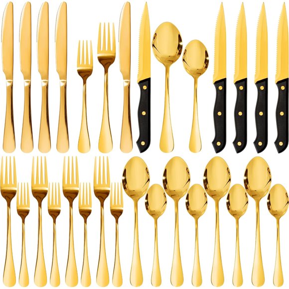 Astercook 24-Piece Silverware Set with Steak Knives, Gold Flatware