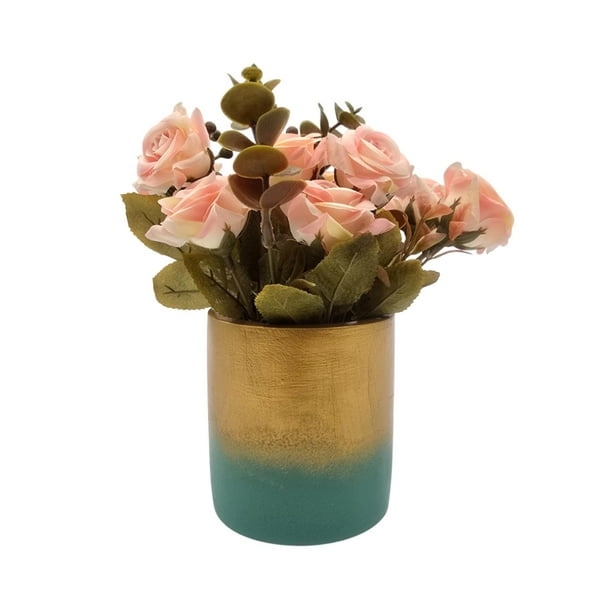 Planta Artificial Macetero Dorado Con Rosas Decorativas rosa