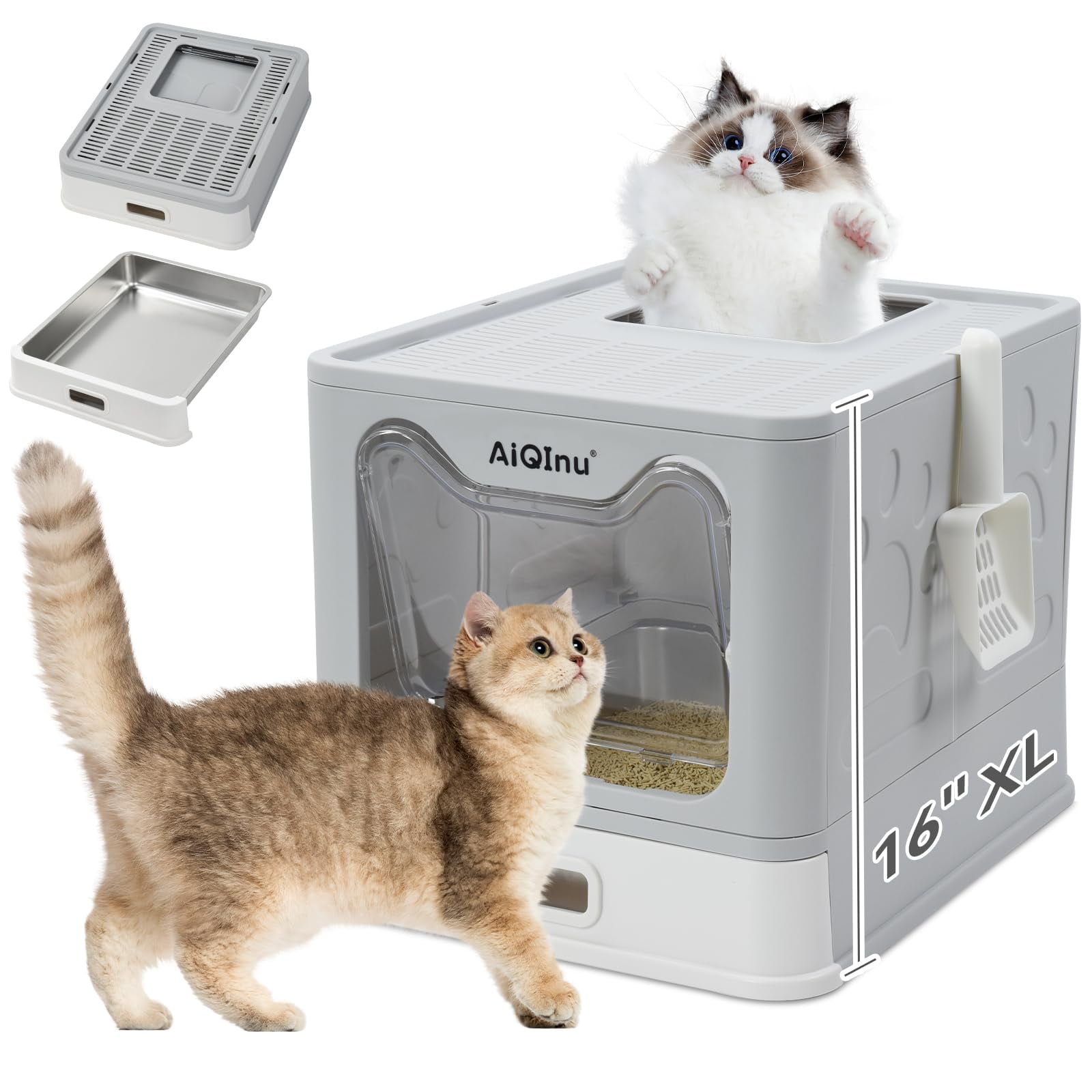 Caja De Arena Para Gatos Aiqinu Plegable De Acero Inoxidable Con Tapa Xl