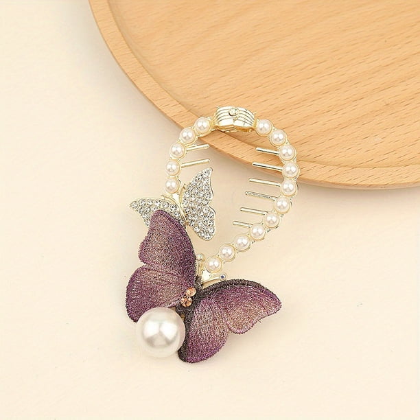 New Imitation Butterfly Pearl Rhinestone Zinc Alloy Hair Clip Temperament Elegant Retro Hair Grab Clip Ponytail Buckle