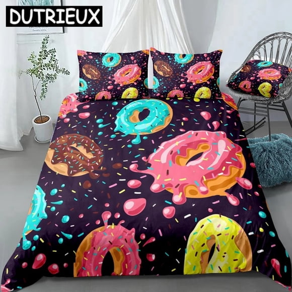 Donuts Duvet Cover Set Pink Chocolate Lemon Blue Mint Donuts Bedding Kids Boys Girls Food Quilt Cover Bed Set Dropship