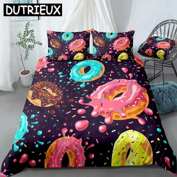 Donuts Duvet Cover Set Pink Chocolate Lemon Blue Mint Donuts Bedding Kids Boys Girls Food Quilt Cover Bed Set Dropship
