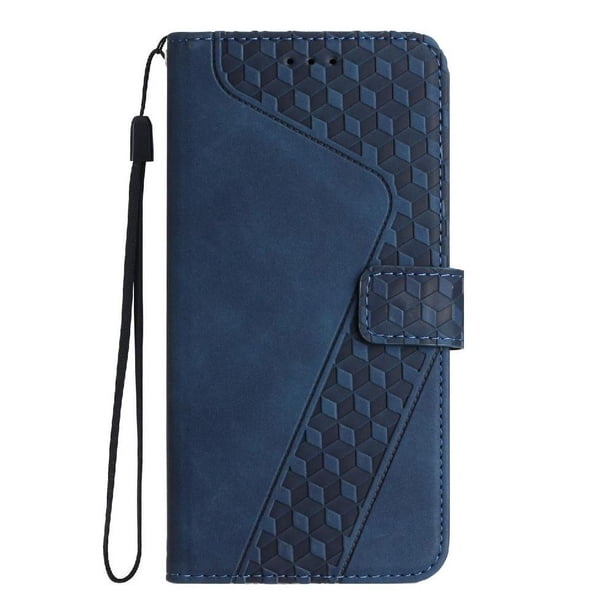 Funda tipo cartera para iPhone 17E con tarjetero, bolsillo para billetes, soporte, cierre magnético y correa para la muñeca, funda tipo folio con textura geométrica azul