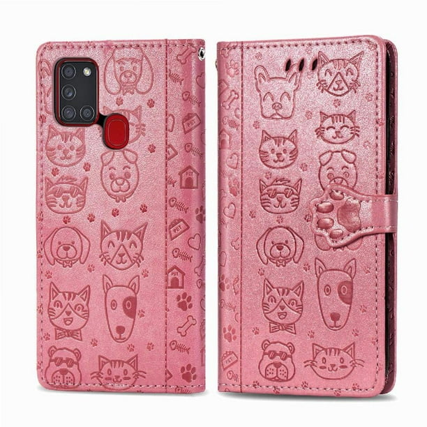 Funda Cartera FOXDOCK para Samsung Galaxy A21S , Flip PU con Relieve de Gatos y Perros, Tarjetero y Soporte