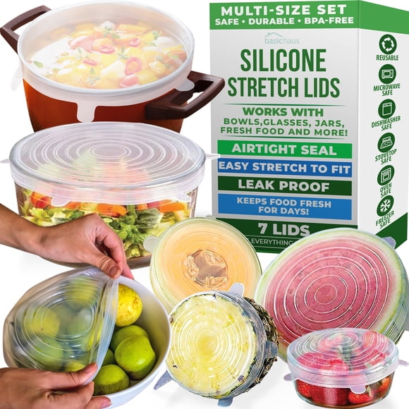 Tapas elásticas de silicona Basic Haus reutilizables, paquete de 7 unidades