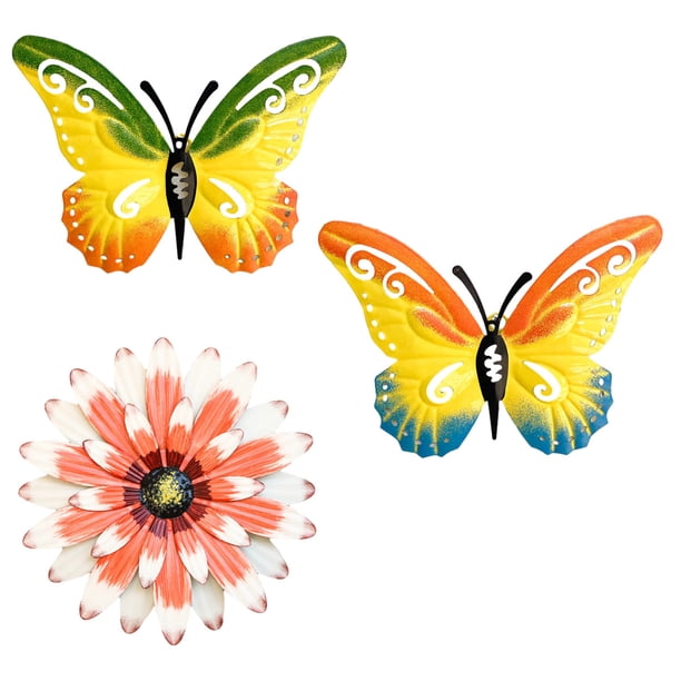Decoración de pared de flores de metal y arte de pared de mariposas, 3 piezas de decoración de pared de terraza de jardín interior y exterior, escultura artística de valla de metal para exteriores