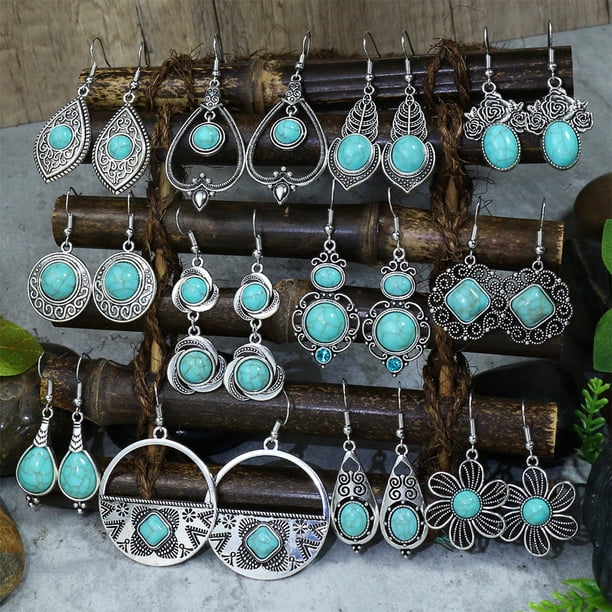1pair Boho Style Vintage Earrings with Turquoise - Ancient Silvery Design for Women and Girls