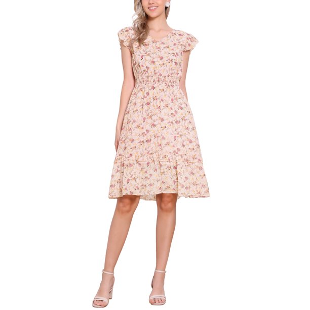 INSPIRE CHIC Vestido Floral de Mujer con Mangas Volantes Cuello en V Fruncido Volante Vestidos Casuales Rosa Amarillo L