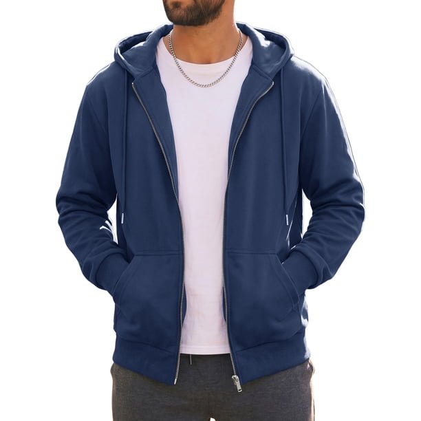 Chaqueta con capucha de color sólido, ligera y casual para hombre con cremallera y cordón, talla L, azul marino