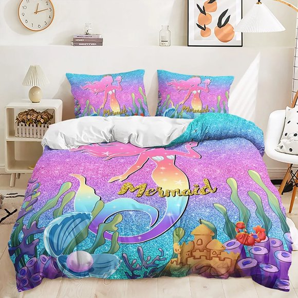 Mermaid Beautiful Rainbow Bedding Set Polyester Duvet Cover Set Comforter Sets for Girls Women Bed Linen