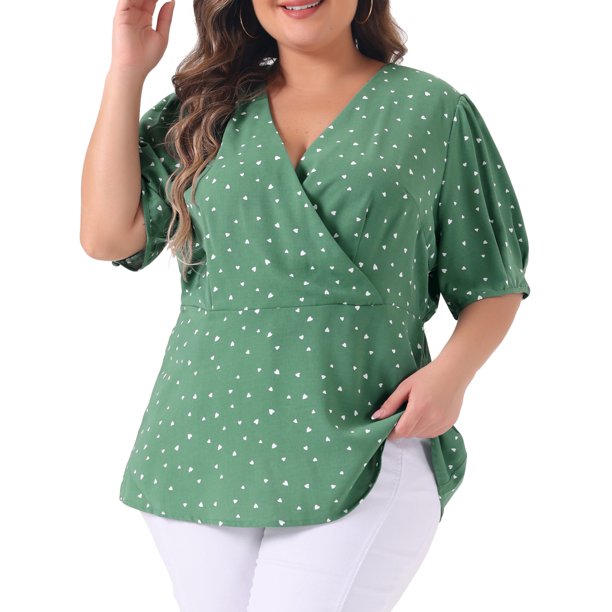 Agnes Orinda Blusa de Mujer Talla Grande con Lunares, Cuello en V, Manga Corta, Peplum, Cruzada, Talla 2X, Verde