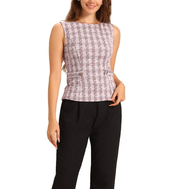 INSPIRE CHIC Top de Tweed para Mujer sin Mangas Cuello Redondo Estampado de Cuadros Cintura Cremallera Hebilla Espalda Blusa Tops XS Rosa Blanco