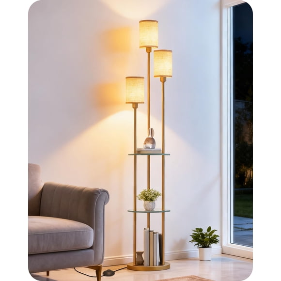 Lámpara de pie GOEBLESON de 3 luces dorado y beige con estantes
