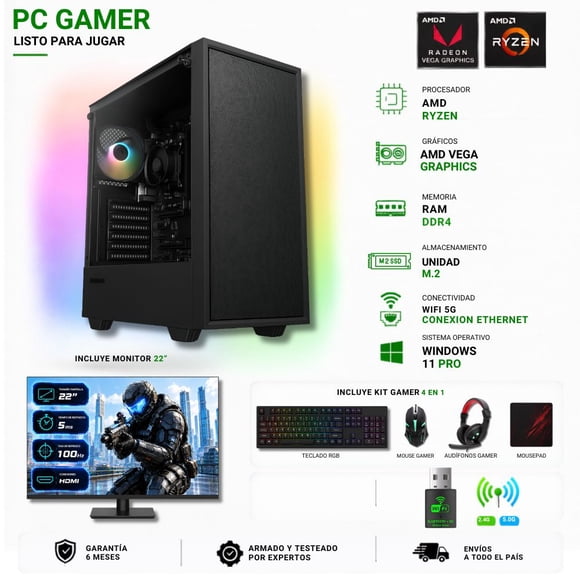 Pc Gamer Amd Ryzen 5 3400G + 16GB + Vega 11 + 1TB + Monitor 22"+ STORM