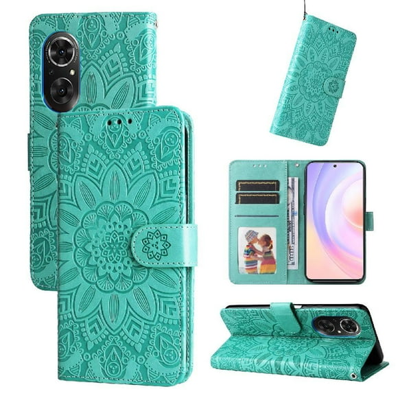 Funda tipo cartera FOXDOCK para Honor 50 SE , diseño girasol en relieve, cuero PU, cierre magnético, soporte y tarjetero