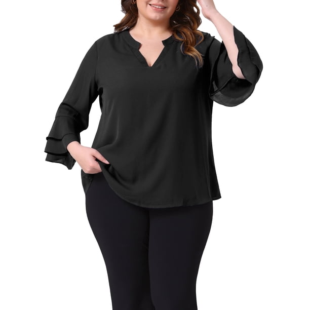 Agnes Orinda Blusas de Talla Grande para Mujeres Escuela Universidad Elegantes Mangas Acampanadas 3/4 Blusas de Chifón de Doble Capa Camisas de Trabajo Túnica 2X Negro
