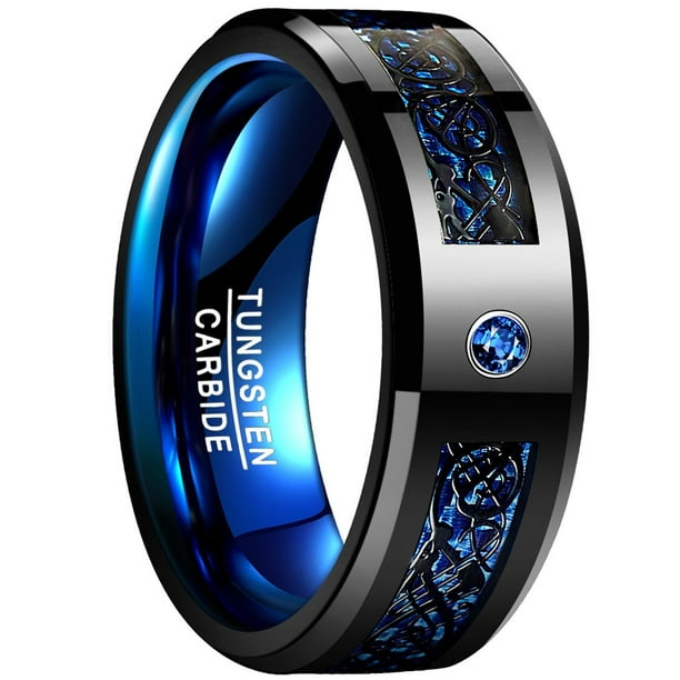 Stunning 8MM Wide Dragon Pattern Blue Carbon Fiber Men's Tungsten Ring - USA Size 7-14