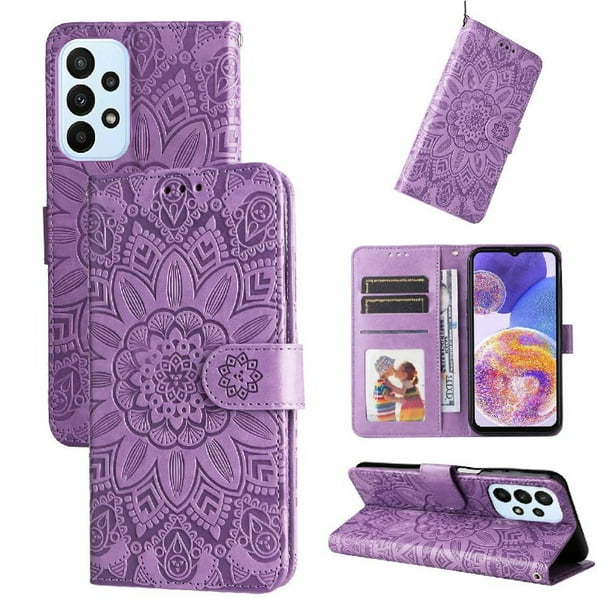 Funda tipo cartera FOXDOCK para Samsung Galaxy A23 4G/5G , diseño girasol en relieve, cuero PU, cierre magnético, soporte y tarjetero