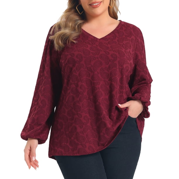 GRACIA Y GRANDEZA Blusas de Punto de Manga Larga con Estampado para Mujer de Talla Grande, Camisetas de Ajuste Suelto con Cuello en V, Moda Casual, Talla 1X, Burdeos