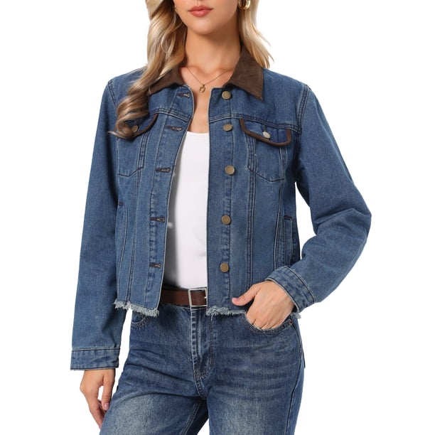Chaquetas de Jean INSPIRE CHIC para Mujeres Casual con Cuello de Ante Manga Larga Abotonada Dobladillo Sin Rematar Chaqueta de Mezclilla Recortada S Azul Retro