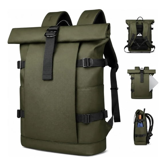 Mochila Roll Top Bag Impermeable Viaje Notebook Urbana 25l Verde Militar