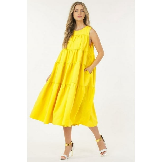 Vestido Básico de Popelina Elástica sin Mangas con Capas