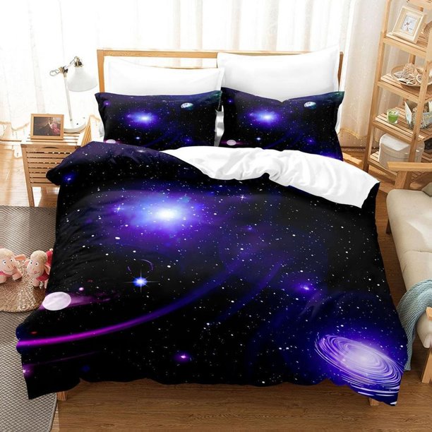 Pink Starry Sky Space Universe Quilt Duvet Cover Set Soft Kids3-Piece Bedding Set