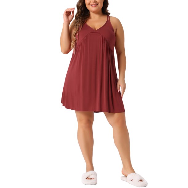 Agnes Orinda Women's Plus Size Escuela Colegio Camisón Tirantes Espagueti Cuello en V Sin Mangas Espalda Cruzada Ropa de Dormir Camisón 3X Rojo Vino